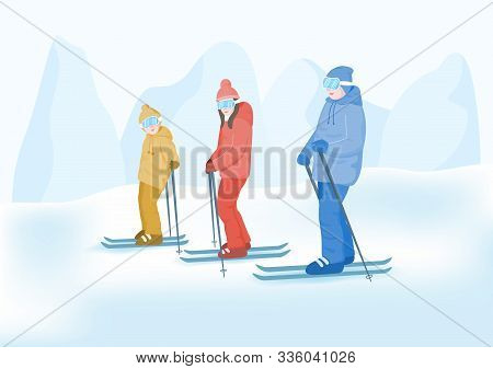 Family Ski Vacations Concept. Happy Family Enjoying With The Winter Sport. Flat Cartoon Character De