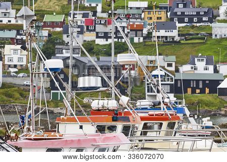 Picturesque Colorful Village And Harbor Of Sandavagur. Faroe Islands Landscape
