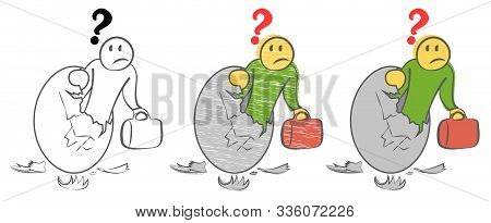 Frightened Person Looks From Inside A Giant Golden Egg With A Broken Top. Student Looking For A Job.