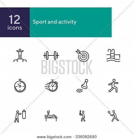 Sport And Activity Icons. Set Of Line Icons On White Background. Stop Watch, Sportsman. Active Lifes