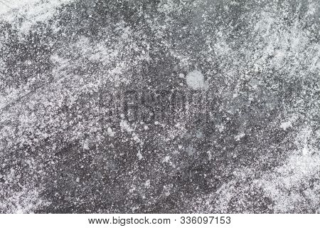 Texutured Ise Of Frozen Lake. White Snow On The Surface. Winter Template..