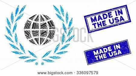 Mosaic Global Emblem Icon And Rectangle Made In The Usa Seal Stamps. Flat Vector Global Emblem Mosai