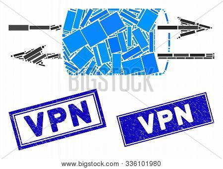 Mosaic Vpn Pipe Icon And Rectangular Vpn Seal Stamps. Flat Vector Vpn Pipe Mosaic Icon Of Randomized