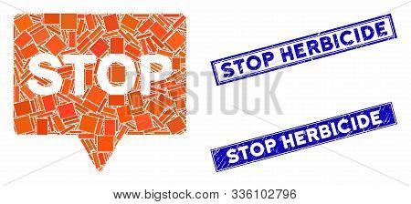 Mosaic Stop Banner Icon And Rectangle Stop Herbicide Seal Stamps. Flat Vector Stop Banner Mosaic Ico