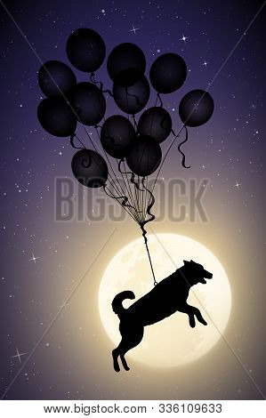 Dog Flying On Balloons On Moonlit Night. Funny Vector Illustration With Silhouette Of Animal In Sky.