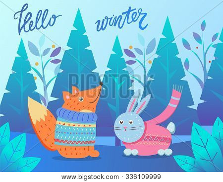 Hello Winter Vector, Wintry Landscape With Pine Trees And Foliage. Forest With Branches Of Spruce An