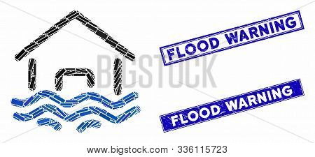Mosaic Flood Disaster Icon And Rectangular Flood Warning Seals. Flat Vector Flood Disaster Mosaic Ic