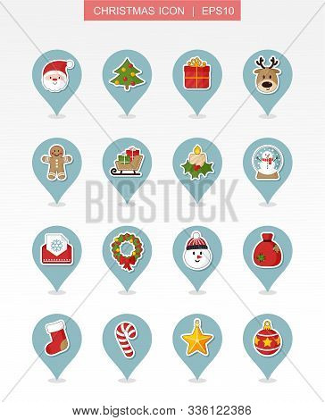 Christmas Pin Map Icon Set. Holiday Objects Collection. Merry Christmas And Happy New Year. Map Poin