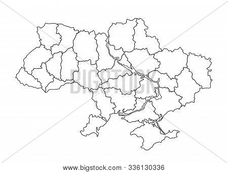 Ukraine Map, Black And White Detailed Outline With Regions Of The Country.
