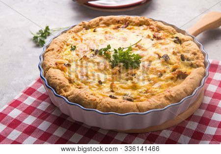 Pot Pie. Individual Open Chicken Mushroom Tart  With Puff Pastry Crust. Top View. Open Pie Tart