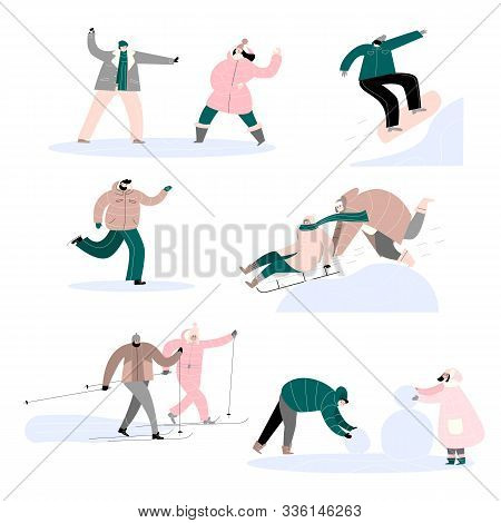 People And Winter Activities. Vector Set. Illustration Of Ice Skater, Skiing, Couple, Playing Snowba