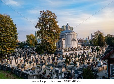 Satu Mare, Romania - November 12, 2019: Panoramic View Of Christian Orthodox Cemetery Autumn Season 
