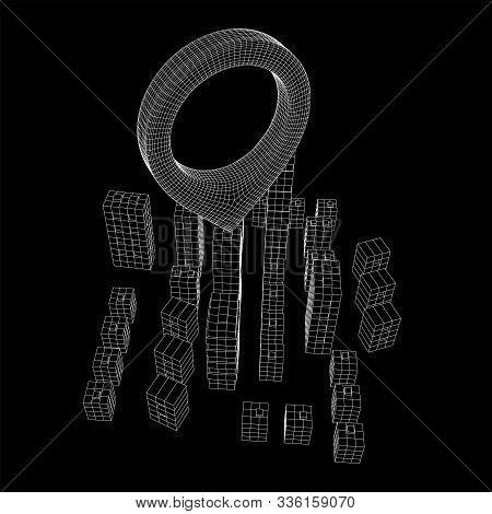 Geo Map Pin On Mesh Low Poly Wireframe Cubes Array Like Skyscraper City. Connected Lines Town. Conne