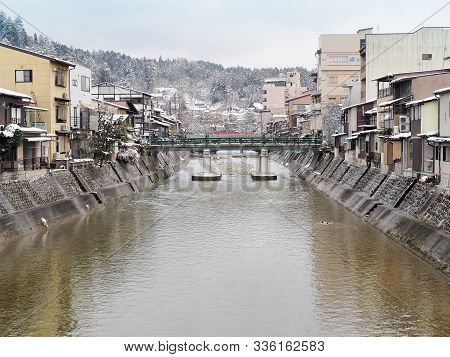 Takayama, Japan - March 15, 2019: Nakabashi Bridge Of Hida-takayama Old Town In Chubu Region. Nakaba