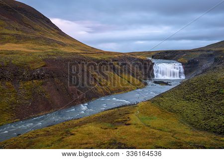 Thorufoss Waterfall Located On The Laxa I Kjos River Near Reykjavik In Iceland. Long Exposure.