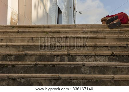 Sao Luis Do Maranhao, Maranhao, Brazil - May 18, 2016: Homeless Man Sleeping In The Staircase Of The