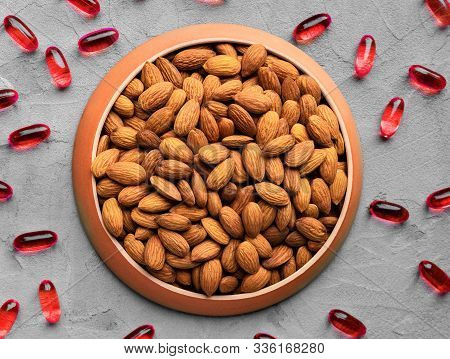 Organic Food And Chemical Medicines, Biologically Active Food Supplement, Almonds And Chemical Vitam