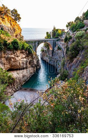 View On Fiordo Di Furore Arc Bridge Built Between High Rocky Cliffs Above The Tyrrhenian Sea Bay In 