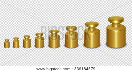 Vector 3d Realistic Metal Golden Calibration Laboratory Weight Different Sizes Icon Set Closeup Isol