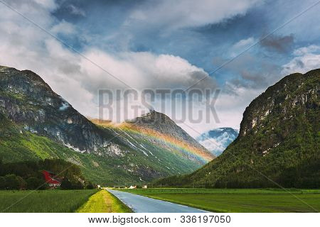 Stardalen, Skei I Jolster, Jostedalsbreen National Park, Norway. Beautiful Sky After Rain With Rainb