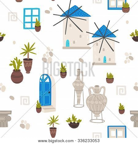 Greece Symbols Cartoon Vector Seamless Pattern. Greek Architecture And Pottery Hand Drawn Texture. M