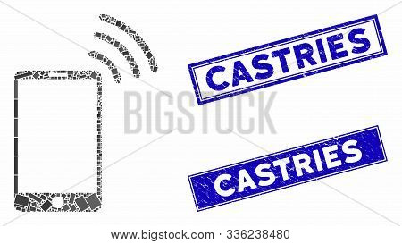 Mosaic Mobile Wi-fi Signal Pictogram And Rectangular Castries Seal Stamps. Flat Vector Mobile Wi-fi 