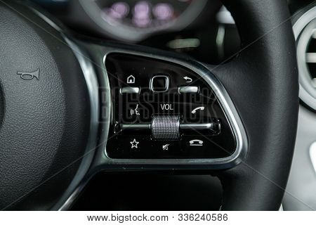 Novosibirsk, Russia - October 10, 2019:  Mercedes-benz Gls-class, New Black Steering Wheel With Mult