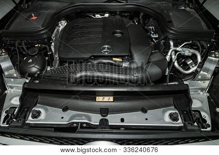 Novosibirsk, Russia - October 10, 2019:  Mercedes-benz Gls-class,  Closeup Of A Clean Motor Block, .