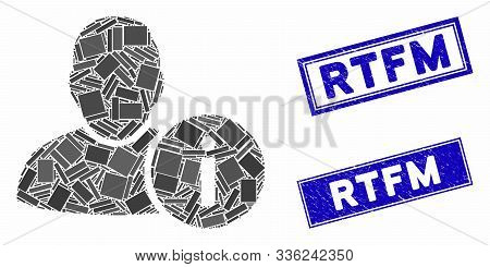 Mosaic User Info Icon And Rectangular Rtfm Seals. Flat Vector User Info Mosaic Icon Of Scattered Rot