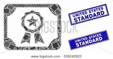 Mosaic Authorize Diploma Icon And Rectangle United States Standard Stamps. Flat Vector Authorize Dip