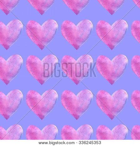 Seamless Pattern With Watercolor Hearts. Romantic Love Hand Drawn Backgrounds Texture. For Greeting 