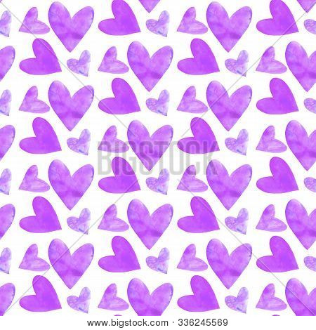 Seamless Pattern With Watercolor Hearts. Romantic Love Hand Drawn Backgrounds Texture. For Greeting 