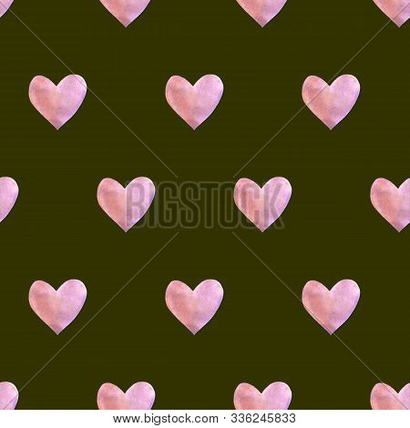 Seamless Pattern With Watercolor Hearts. Romantic Love Hand Drawn Backgrounds Texture. For Greeting 