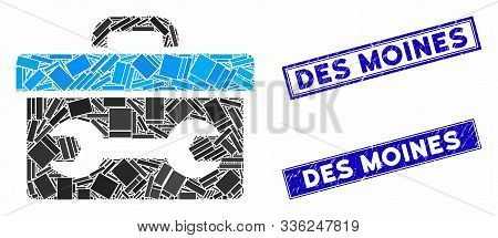 Mosaic Toolbox Pictogram And Rectangle Des Moines Seals. Flat Vector Toolbox Mosaic Pictogram Of Ran