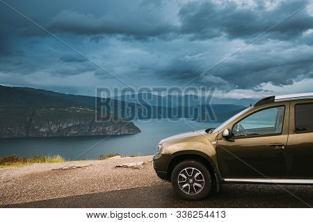 Utvik, Sogn Og Fjordane County, Norway - June 22, 2019: Car Renault Duster Suv Parked Near Scenic Ro