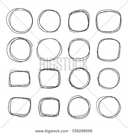 Hand Drawn Doodle Scetch. Circle Vector Round Scribble Line Set. Circles Frame For Message. Pencil O