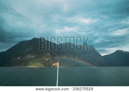 Sunnylvsfjorden, Norway. Colorful Rainbow Above Sunnylvsfjorden Spring Landscape. View From Floating