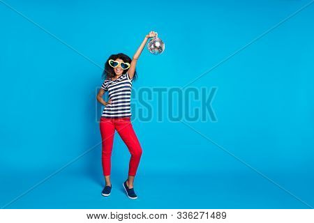 Full Length Body Size Photo Cheerful Positive Cute Pretty Girlfriend Disco Ball With Astonishment On