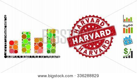 Mosaic Chart Icon And Corroded Stamp Seal With Harvard Caption. Mosaic Vector Is Formed With Chart I