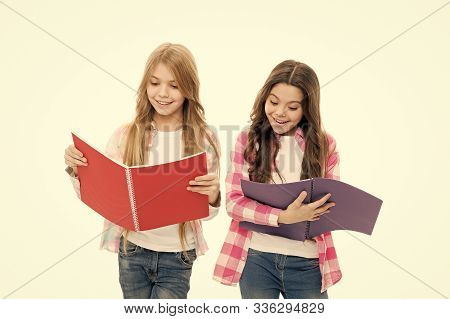 Pads Perfect For Keeping Notes. Adorable Little Girls With Colorful Writing Pads. Cute Small School 