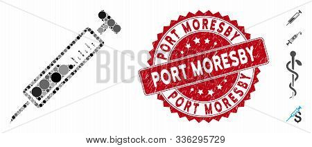 Mosaic Syringe Icon And Corroded Stamp Seal With Port Moresby Text. Mosaic Vector Is Formed With Syr