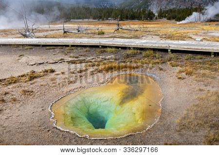 Green And Yellow Geyser Basin With Boiling Water From Geothermal Heat, Yellostone National Park, Wyo