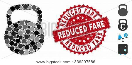 Mosaic Weight Iron Icon And Rubber Stamp Seal With Reduced Fare Text. Mosaic Vector Is Created From 