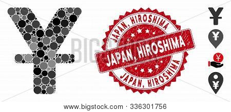 Mosaic Chinese Yuan Icon And Rubber Stamp Seal With Japan, Hiroshima Text. Mosaic Vector Is Designed