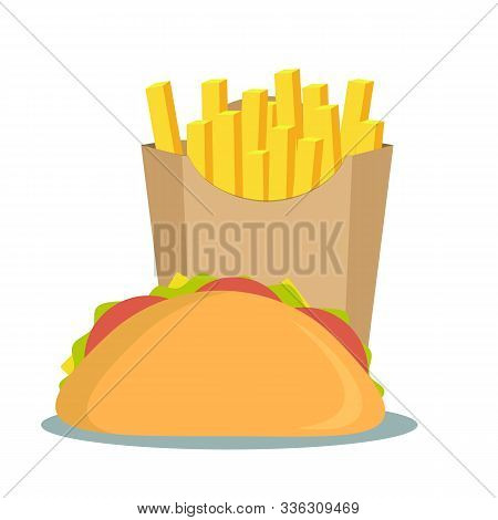 French Fries And Sandwich . Fast Food Menu. Stock Flat Vector Illustration.