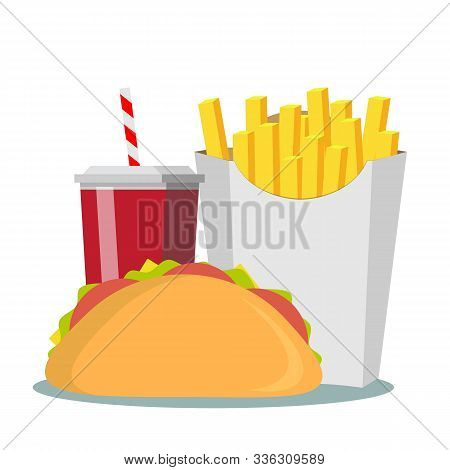 French Fries, Sandwich And Soda Takeaway . Fast Food Menu. Stock Flat Vector Illustration.