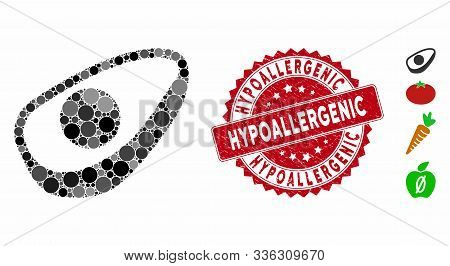 Mosaic Avocado Half Icon And Grunge Stamp Seal With Hypoallergenic Text. Mosaic Vector Is Created Fr