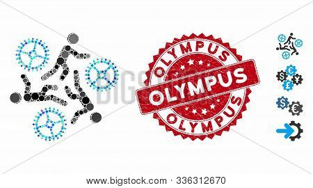 Mosaic Running Persons For Gears Icon And Distressed Stamp Watermark With Olympus Caption. Mosaic Ve
