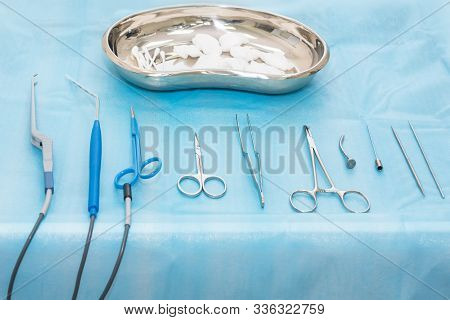 Medical Instruments Closeup On A Sterile Diaper. Surgical Tools Kit For Cosmetic Surgery. Surgical I