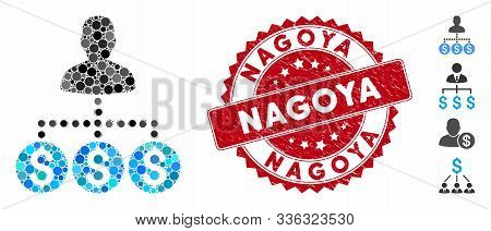 Mosaic Money Collector Icon And Corroded Stamp Seal With Nagoya Phrase. Mosaic Vector Is Created Wit